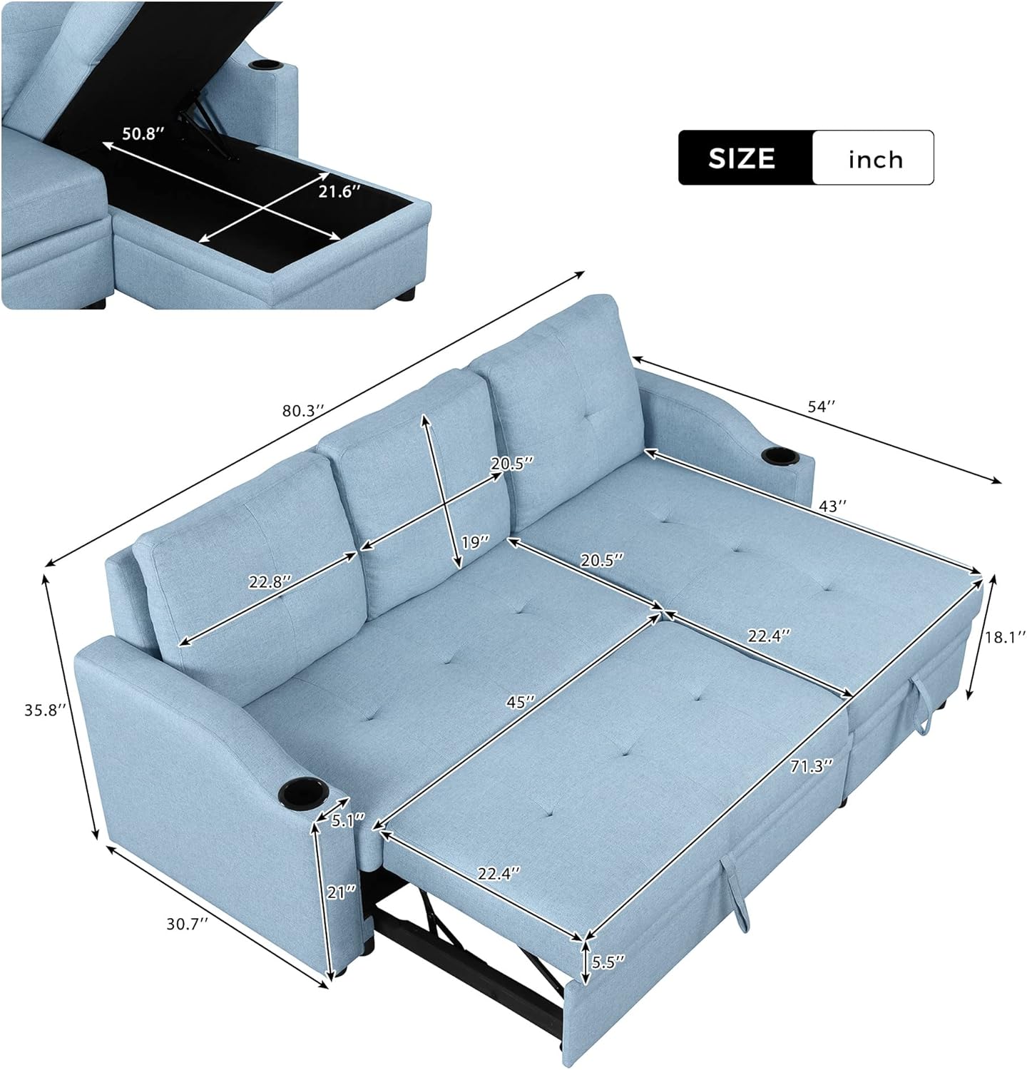L-Shape Convertible Sleeper Sofa with Pull-Out Bed and Storage Chaise, Blue O64215