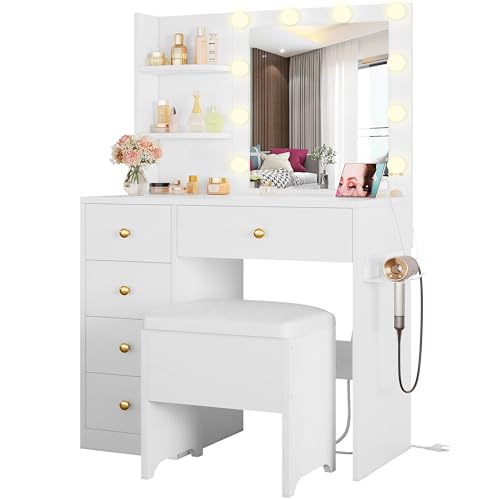 Vanity Desk with Mirror and Lights, 5 Drawers, Power Outlet, Stool C1758