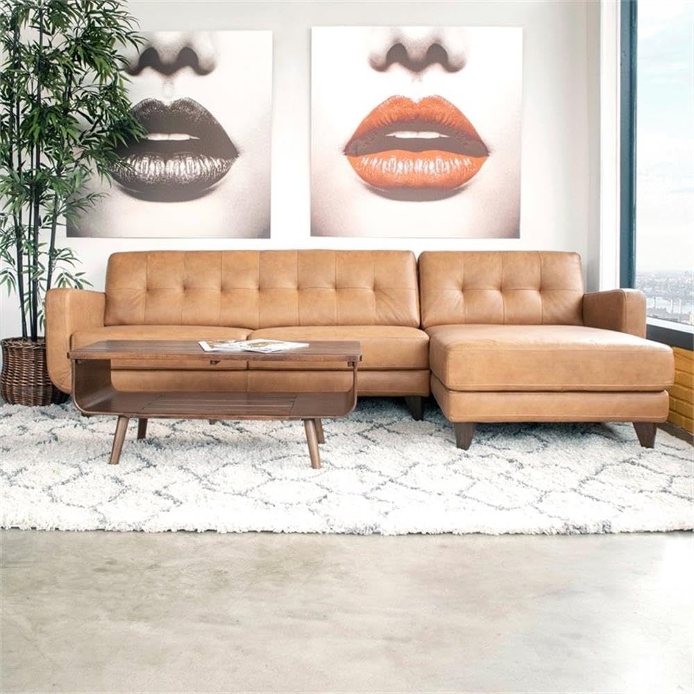 ASHCROFT Elva Mid Century L-Shaped Genuine Leather Right Facing Chaise Sectional, Light Brown Tufted Tight Back Sectional Sofa for Living Room Waiting Area Office Apartment Dorm Home, Tan