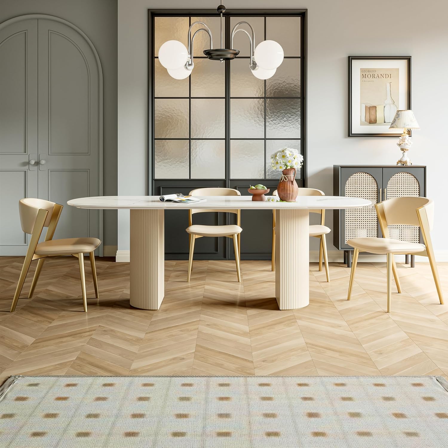 Oval Dining Table for 4-6, Marble Kitchen Table with Sintered Stone Top W407995
