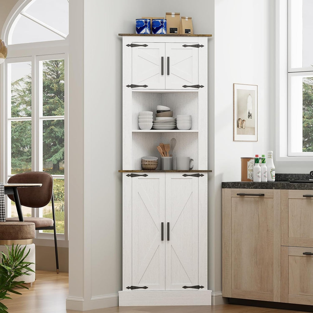 Tall Corner Cabinet, 68" Farmhouse Storage with 4 Barn Doors & Adjustable Shelves G12034