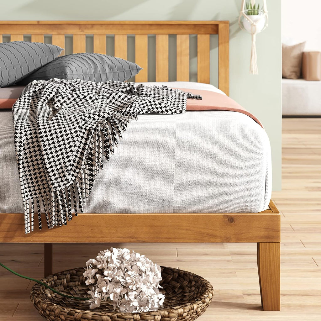 Wood Platform Bed Frame with Headboard, Solid Wood Slat Support, Twin P422