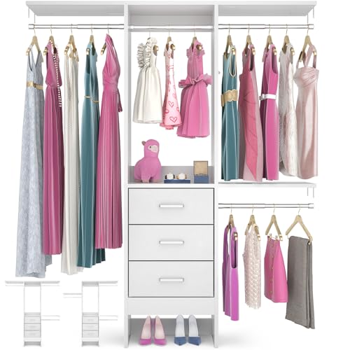 4FT Small Closet System with 3 Fabric Drawers, 48'' Closet Organizer System With 3 Adjustable Shelves, Flexible Built-In Clothes Garment Rack for Small Space, 48" L x 13" W x 71" H, White