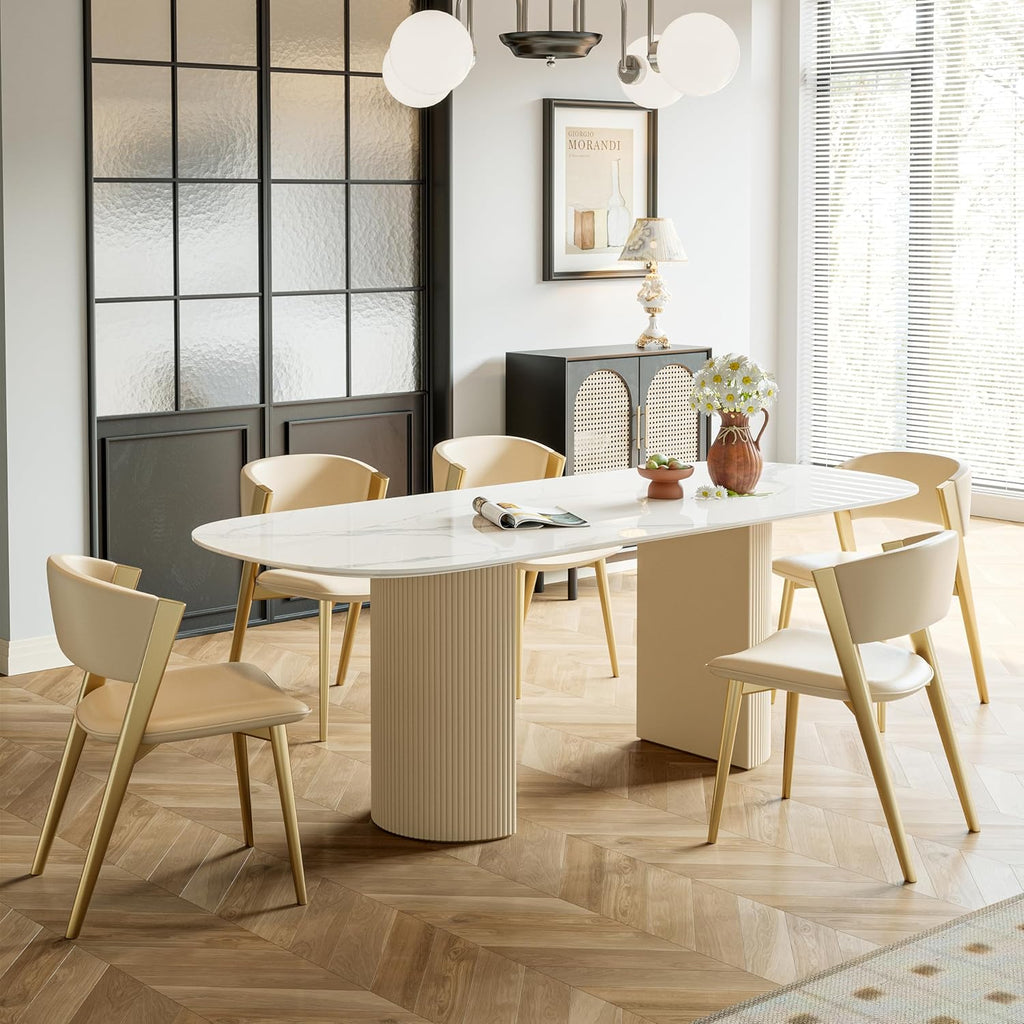 55.11" Oval Dining Table for 4 to 6, Marble Kitchen Table Sintered Stone Tabletop with Carbon Steel Pedestal Base, Modern Dining Room Table for Restaurant Furniture White