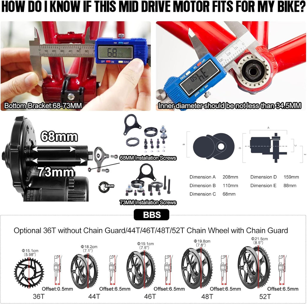 Electric Bike Motor Kit Mid Drive 48V 500W Bicycle Conversion Kit H75809