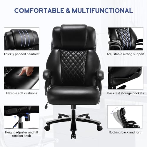 Big and Tall Office Chair, 500lbs High Back Executive Chair with Electric Heating, Black Ergonomic Leather Y16571