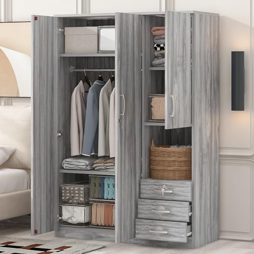 Wooden Wardrobe Closet Organizer with Drawers, Hanging Rail and Shelves, 3 Doors, Grey K181254