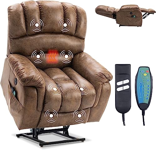 VIVIJASON Large Dual OKIN Motor Lay Flat Sleeper Lift Recliner Chair with Heat & Massage for Elderly, Infinite Position Electric Power Recliner with 2 Remote Controls, Side Pockets & USB Ports, Sand