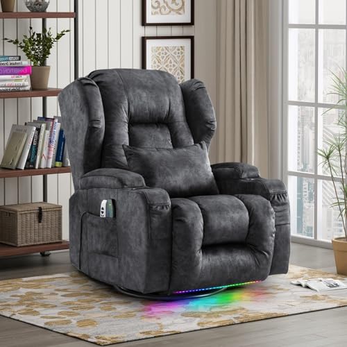 Power Recliner Chair, 270° Swivel Rocker Recliner Chair for Adult with Massage & Heat, Electric Swivel Glider Reclining Sofa Chair for Living Room with USB, Led Light, Lumbar Pillow (Grey)