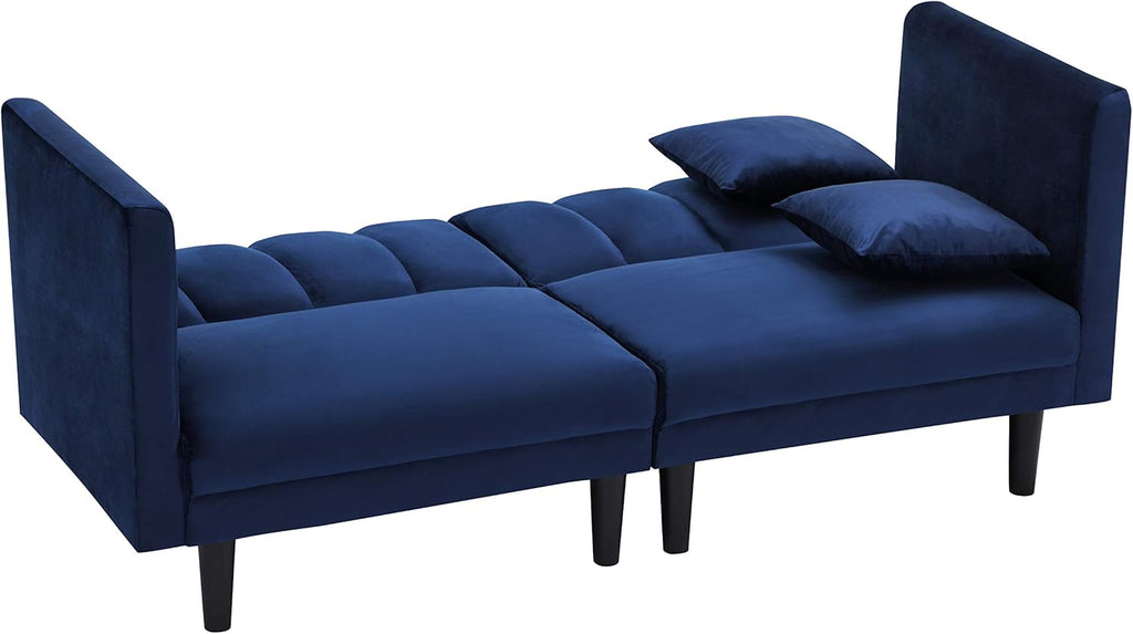 Tufted Split Back Futon Bed, Velvet Convertible Loveseat Sleeper, Navy Blue R338079