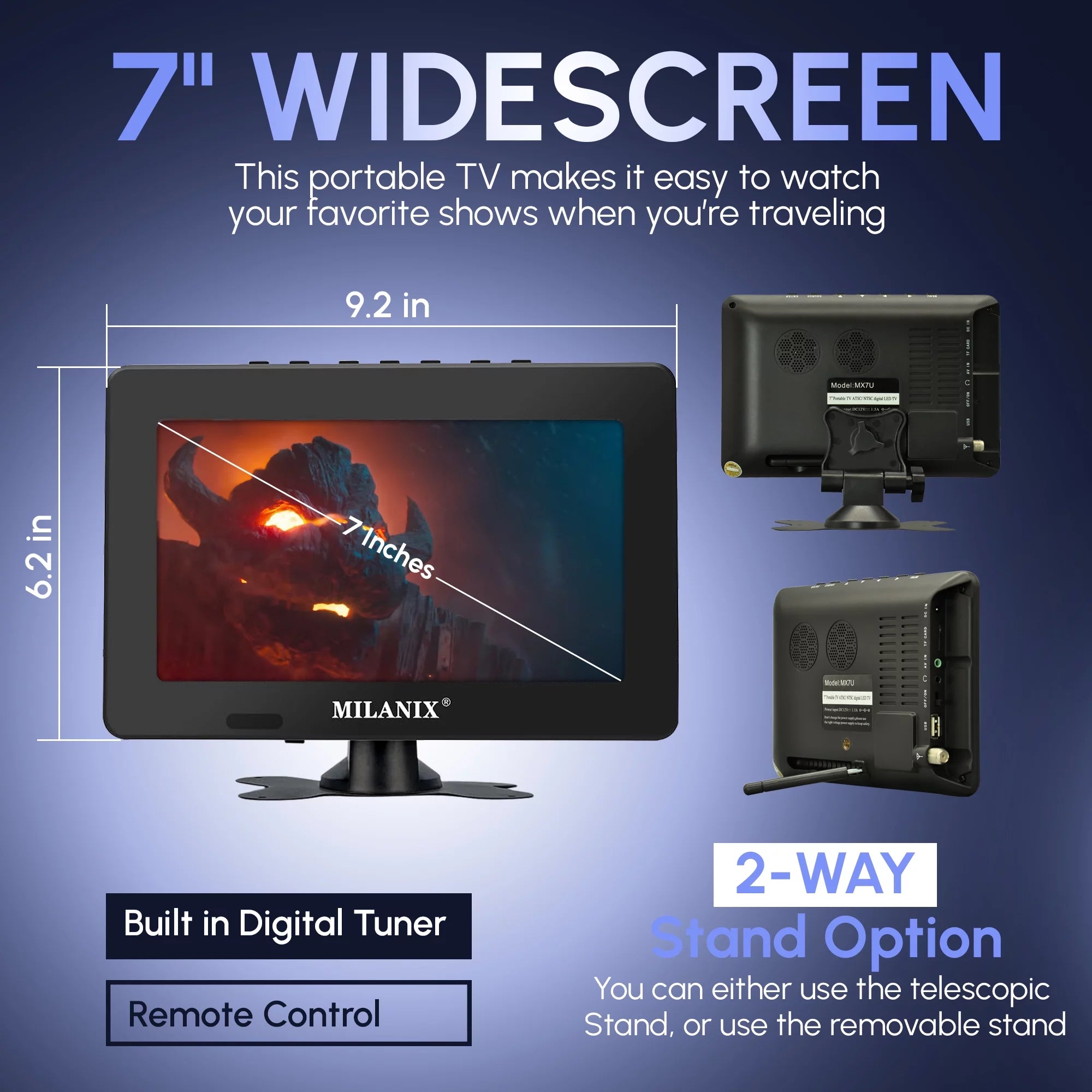 7" Portable TV with Rechargeable Battery, Remote Control, and Digital Tuner U6071