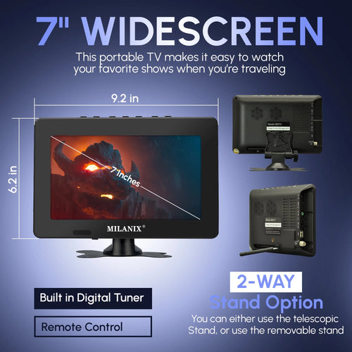 7" Portable TV with Rechargeable Battery, Remote Control, and Digital Tuner U6071