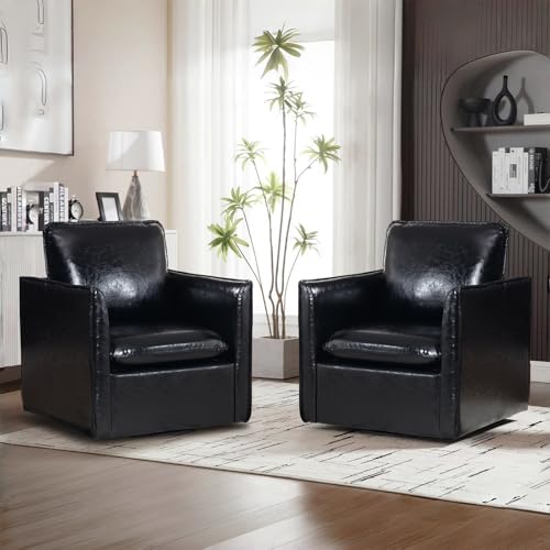 Swivel Accent Chair, Leather Upholstered Arm Chair with Back Pillow Mid Century Modern Barrel Chairs for Living Room, Bedroom, Corner, Club (Green)