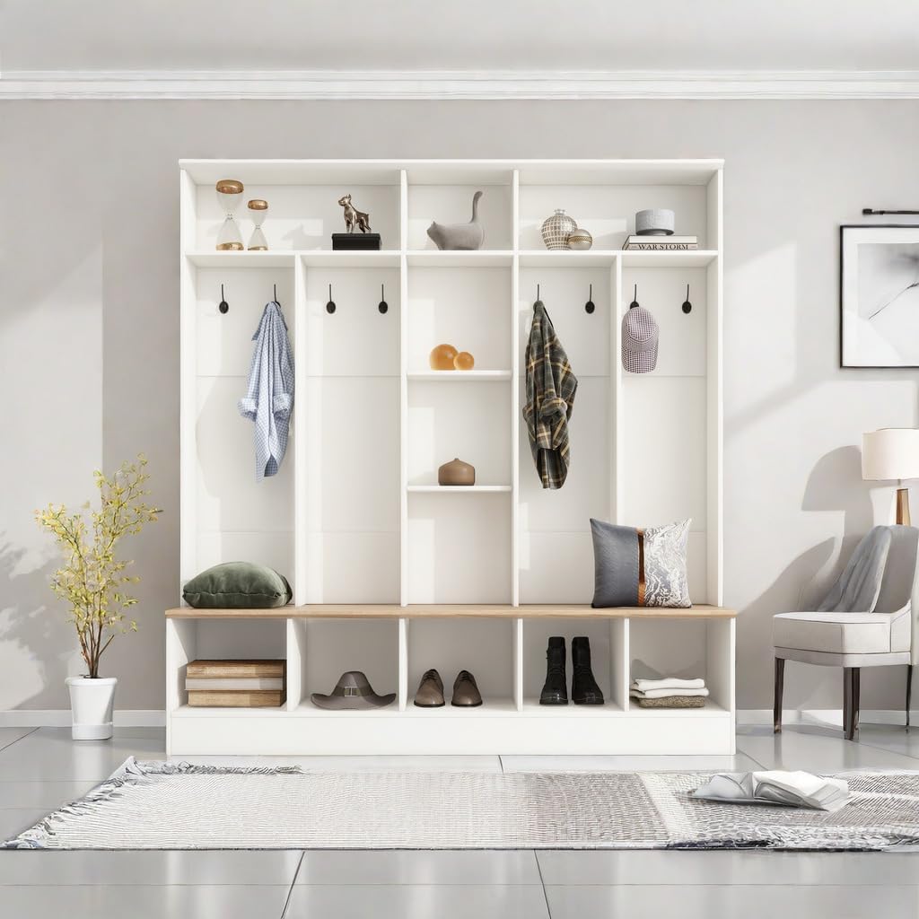 Multifunctional Coat Rack with 8 Hooks for Entryways, Wide Design Hall Tree with Storage Bench, Minimalist Shoe Cabinet with Cube Storage & Shelves, Mudroom, White