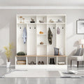 Multifunctional Coat Rack with 8 Hooks for Entryways, Wide Design Hall Tree with Storage Bench, Minimalist Shoe Cabinet with Cube Storage & Shelves, Mudroom, White