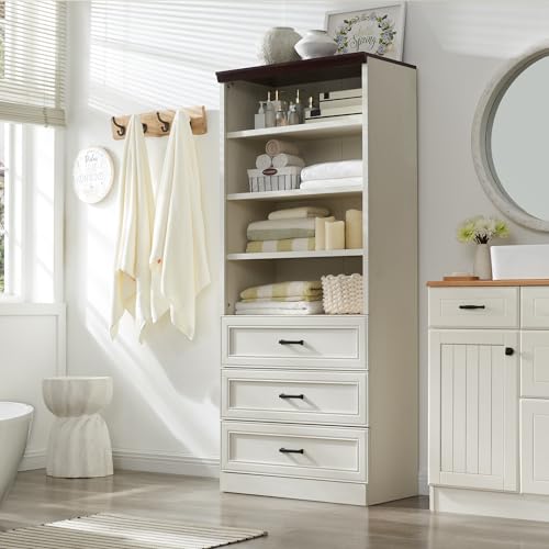72" Tall Storage Cabinet with 3 Drawers & Adjustable Shelves, Antique White T23239