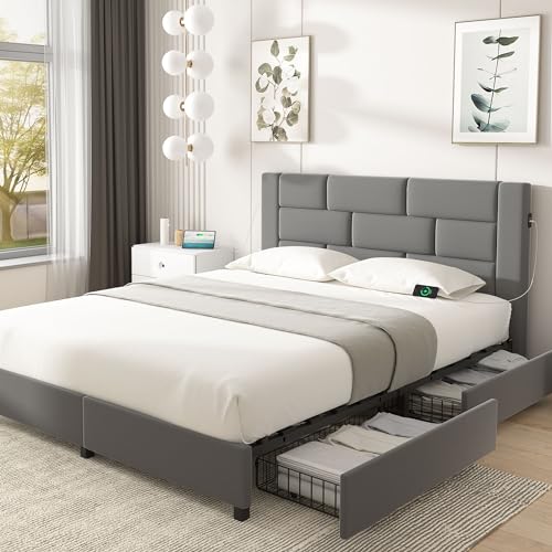 VECELO Queen Size Bed Frame with 4 Storage Drawers, Upholstered Platform Bed Frame with Velvet Headboard and Charging Station-Type A & C, No Box Spring Needed, Beige