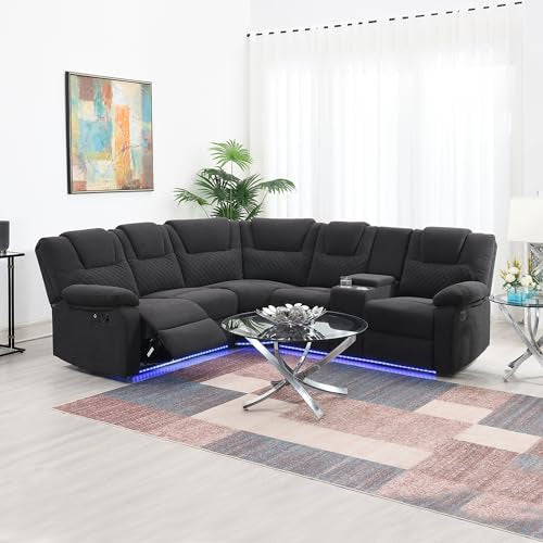 94'' L-Shaped Couch Sectional Sofa Couch, Manual Power Reclining Sectional Couch with LED Light and Storage Box, Velvet Triple Reclining Sofa with Two Cup Holders, Couches for for Living Room