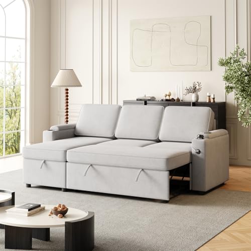 85.8" Sleeper Sectional Sofa, 2 in 1 Pull Out Sofa Bed with Storage Chaise, L-Shaped Sofa Couch with Pull Out Bed with Charging Port for Living Room (Black)
