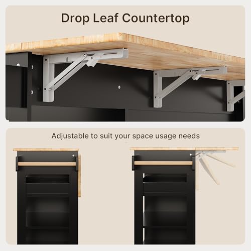 Rolling Kitchen Island with Drop Leaf, Wood Countertop, Storage Cabinet, White Q36361