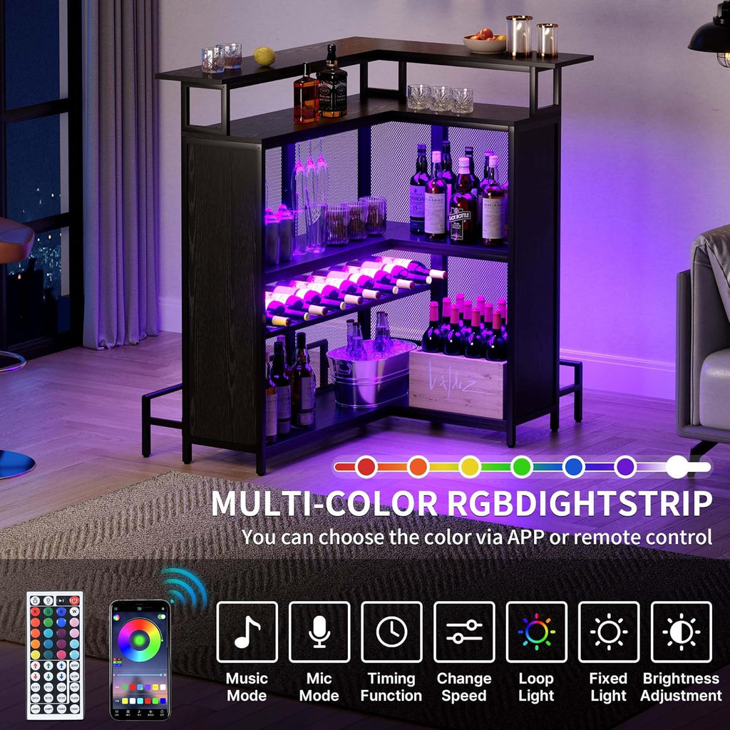 L Shaped Mini Home Bar Unit with Music Sensing LED Light and Wine Rack Y696994