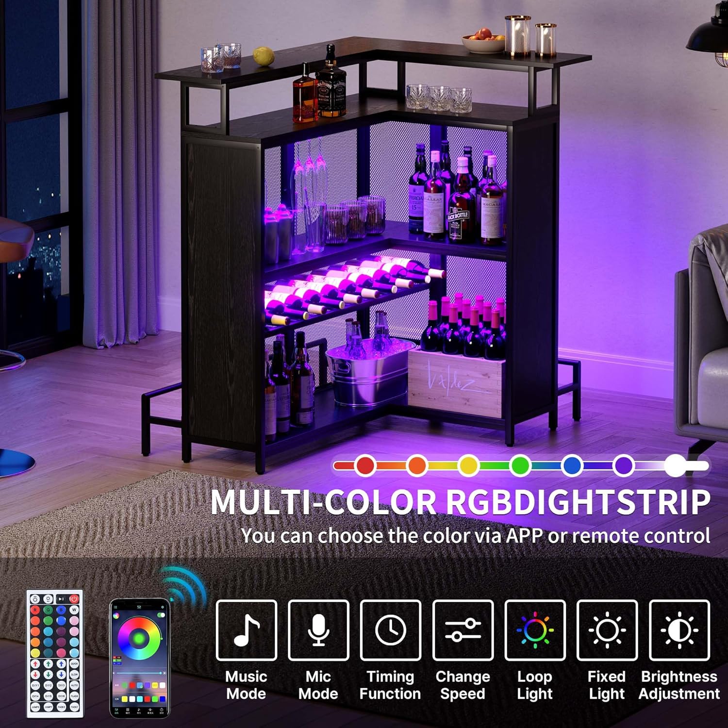 L Shaped Mini Home Bar Unit with Music Sensing LED Light and Wine Rack Y696994