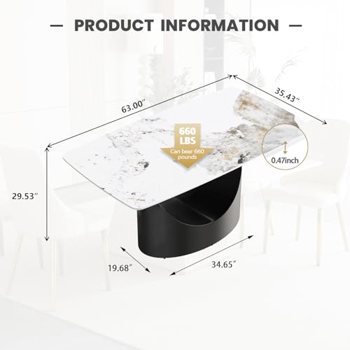 63" White Marble Sintered Stone Top Rectangular Dining Table with U-Shape Black Carbon Steel Pedestal C59820