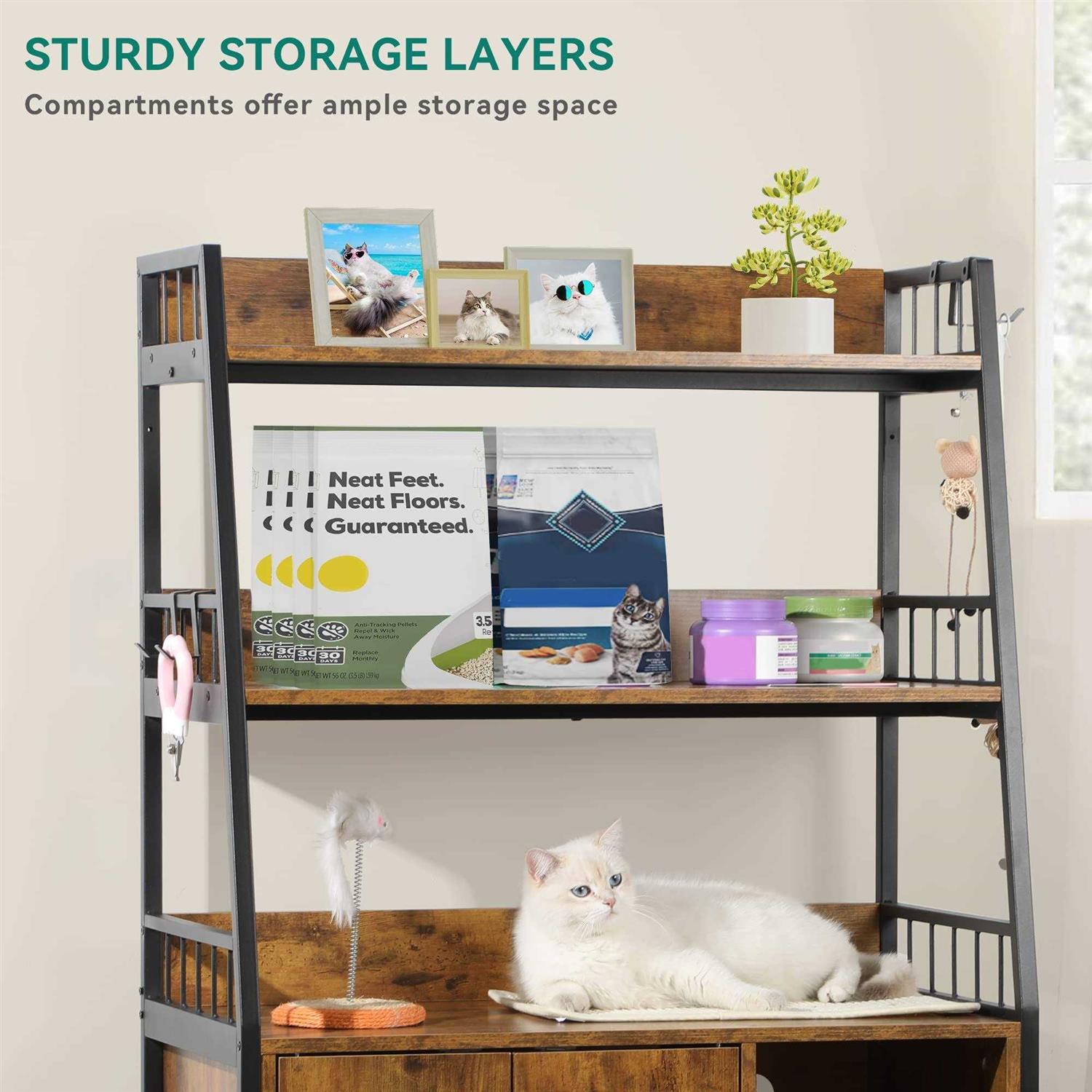 Cat Litter Box Enclosure with Storage Shelves Indoor Wooden Hidden Cabinet I7475