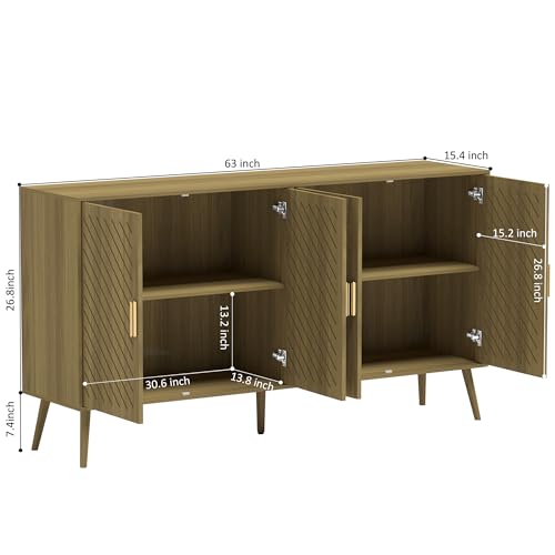 Wood Sideboard Buffet Cabinet with Storage, 4 Doors, Adjustable Shelves R7574