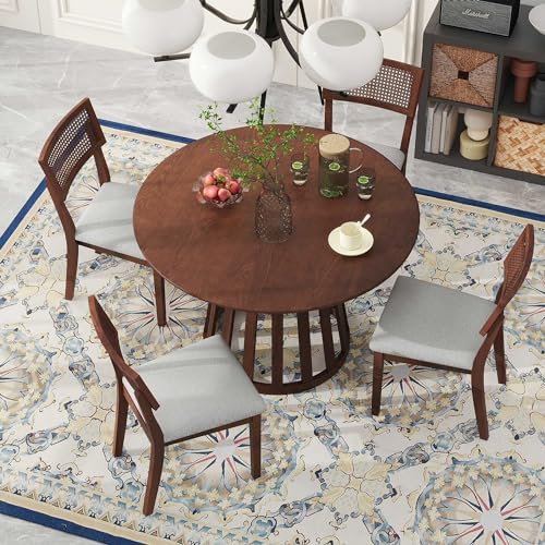 Round Dining Table Set for 4-6 with Upholstered Chairs, Walnut T359