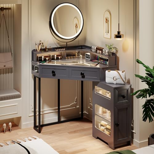 Corner Vanity with Mirror and Lights,Modern Makeup Vanity Set with Charging Station for Bedroom/Cloakroom,Glass Top Vanity Table with Drawers and Shelves,White