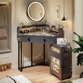Corner Vanity with Mirror and Lights,Modern Makeup Vanity Set with Charging Station for Bedroom/Cloakroom,Glass Top Vanity Table with Drawers and Shelves,White