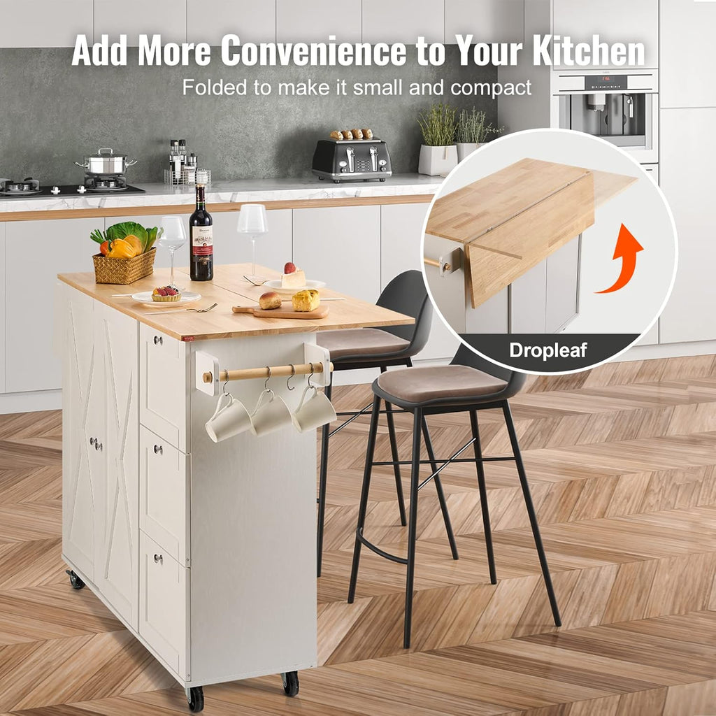 Kitchen Island Cart with Solid Wood Top, Rolling Storage Cabinet, White F7036