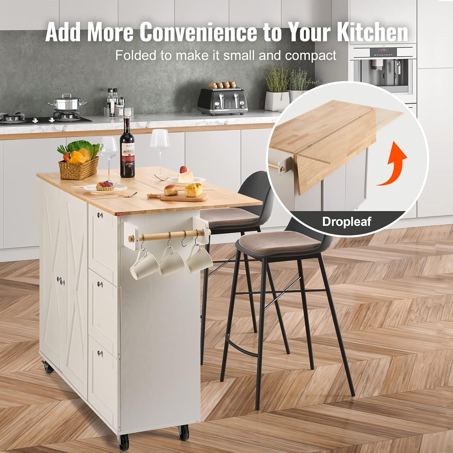Kitchen Island Cart with Solid Wood Top, Rolling Storage Cabinet, White F7036