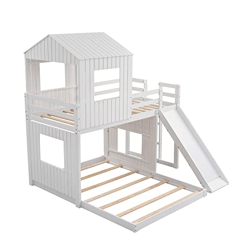 Twin Over Full Bunk Beds with Slide, Roof and Guard Rail, Wooden, White N48341