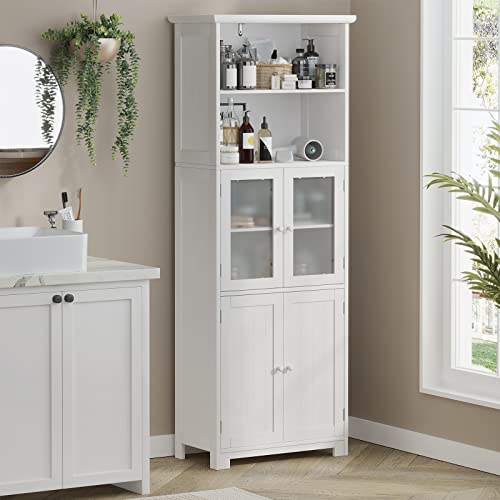 Tall Bathroom Storage Cabinet with 2 Open Compartments and 2 Door Cabinets, 64" Freestanding Linen Tower, White R339605