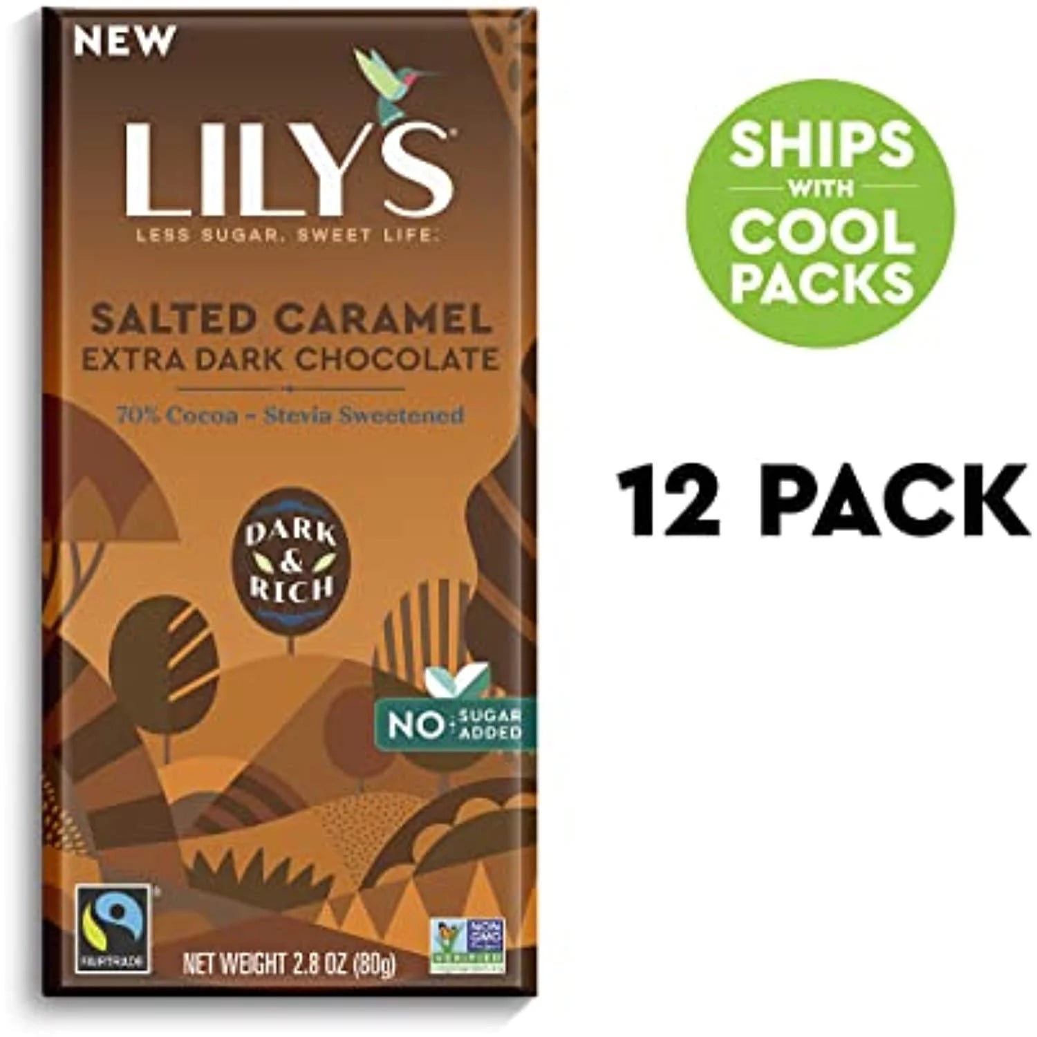 Salted Caramel Dark Chocolate Bar, 70% Cocoa, No Added Sugar, 2.8 oz, 12-Pack Q6830