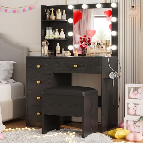 Vanity Desk with Mirror and Lights, 5 Drawers, Power Outlet, Stool C1758