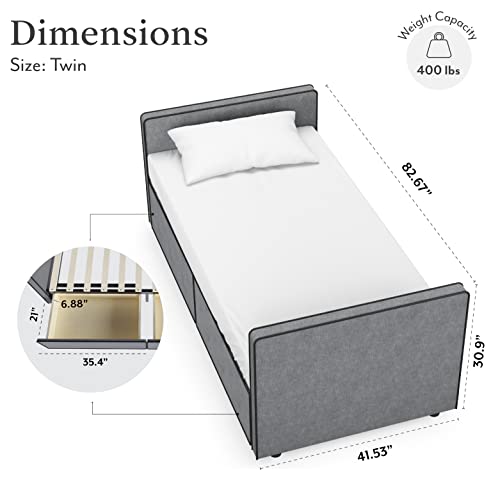 Twin Size Platform Bed Frame with 2 Storage Drawers, Gray Fabric U62092