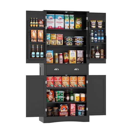 VOWNER Kitchen Pantry Cabinet with 4 Doors and 1 Drawer, Tall Storage Cabinet with Adjustable Shelves, Freestanding Cupboard for Kitchen, Dining Room and Living Room (White)