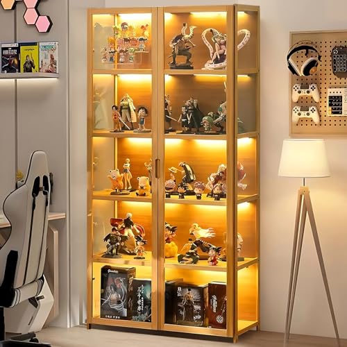 Curio Display Cabinet, 5-Tier Storage Shelves with Acrylic Glass Door, Collectibles Toy Organizers Rack & Display Shelf, Kids Bookshelf and Bookcase for Playroom, Bedroom