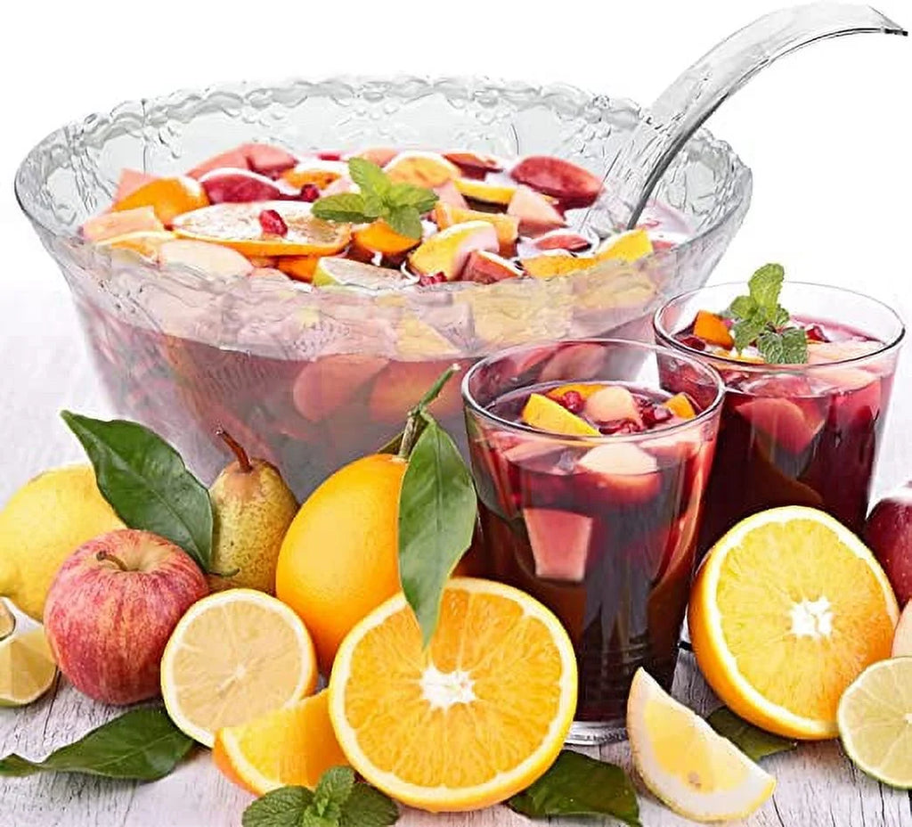 Punch Bowl with Ladle - 2 Gallon Large Clear Plastic Punch Bowl with Ladle - Embroidered Design 8 Quart Serving Bowl with 5 OZ Plastic Serving Ladle