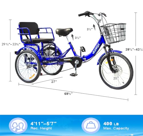 Adult Tricycle 7 Speed, 20 Inch 3 Wheel Folding Bike with Front & Rear Basket S591335