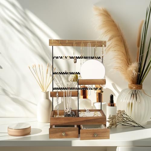 Jewelry Holder Organizer with Mirror, 9 Hooks and 2 Drawers U4195