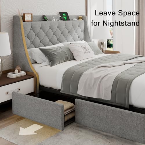 Full Size Upholstered Bed Frame with 4 Storage Drawers and Wingback Headboard I4360
