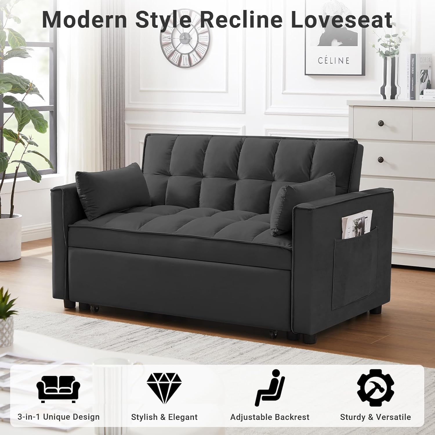 3 in 1 Convertible Sleeper Sofa Bed with Velvet Chaise and Pillows C944809