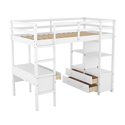 Full Size Loft Bed Frame with Desk and Storage, Solid Wood P683