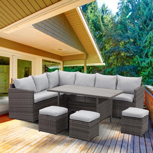 7 Piece Outdoor Patio Furniture Set with PE Rattan Sectional Sofa and Dining Table, Blue A447