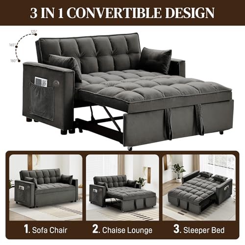 Convertible Sleeper Sofa with Pullout Bed, USB Port, Black Velvet O177