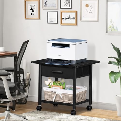 Under Desk Rolling Printer Stand with Drawer, 2-Tier Mobile Printer Table with Storage Shelf and Lockable Wheels, Black X985309